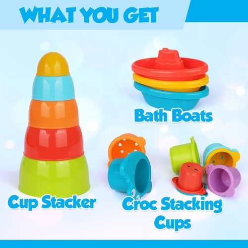 Vista 4 de Playkidz Juego de juguetes de baño – Tren pequeño, cuencos apilables y tazas de cocodrilo para niños pequeños, paquete de 16 remolcadores apilables