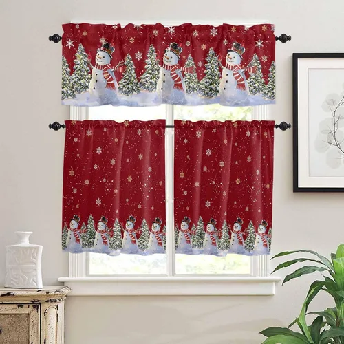 Vista 61 de Cortinas de cocina de Navidad, cenefa semitransparente ajustable con lazo, muñeco de nieve, copo de nieve, bolsillo para barra, tratamiento