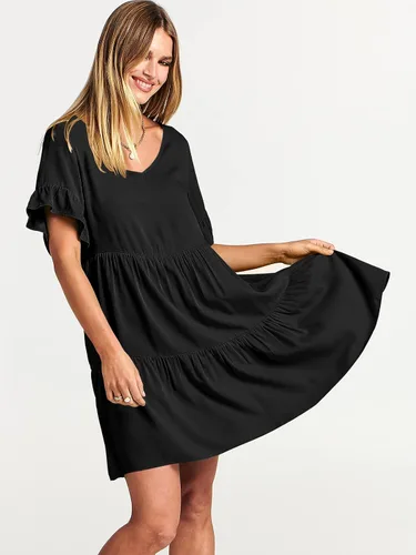 Vista 6 de ANRABESS Vestido de verano casual con cuello en V para mujer, vestido babydoll de manga corta con volantes y escalonado, mini vestido de playa