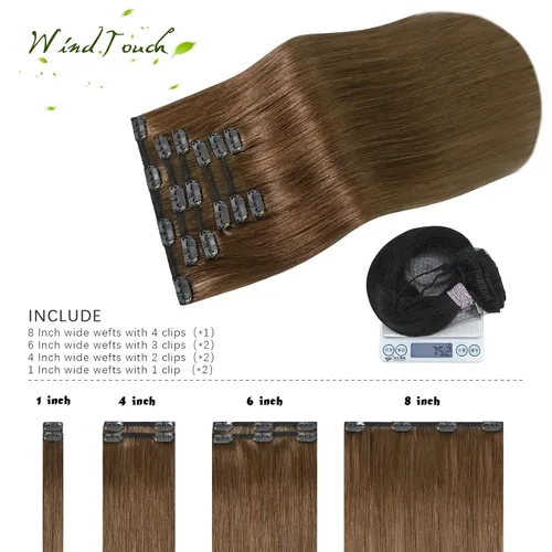Vista 102 de WindTouch - Extensiones de cabello humano real con clip, color marrón claro a rubio con reflejos #6P613, 22 pulgadas, 4.33 onzas, 7 piezas #6p613