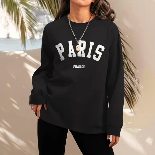 Vista 6 de Tuislay Paris College - Camiseta para mujer, de gran tamaño, moderna, cómoda, cuello redondo, informal, con gráficos, sin botones, unisex, Negro