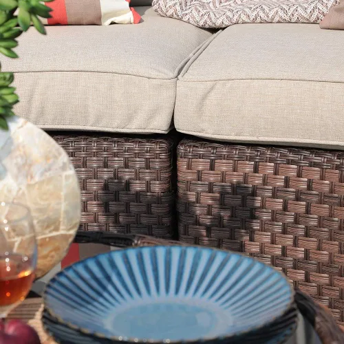 Vista 7 de SUNSITT Juego de 2 muebles de patio de media luna para exteriores, sofá de mimbre curvado, con cojines beige Marrón