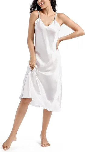 Vista 3 de Camisón de satén para mujer, vestido largo para dormir, camisones de seda con cuello en V
