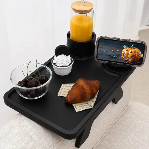 Vista 11 de Nnewvante Mesa de Brazo de Sofá con Tabla de Quesos, 4 en 1 Grande 15.7"x9.85" Madera de Acacia Bandeja con Clip para Brazo de Sofá con 360°
