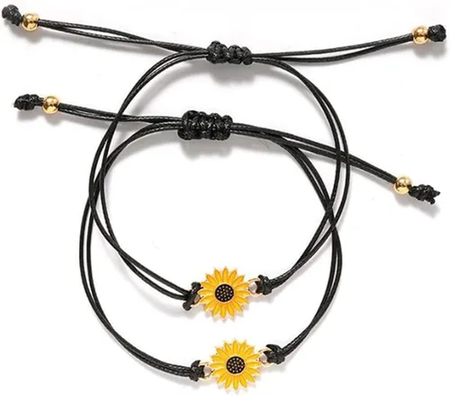 Vista 4 de Juego de 2 pulseras de girasol con diseño de girasol, estilo bohemio, para parejas, mejores amigas, mujeres, niñas, cuerda negra y tarjeta blanca