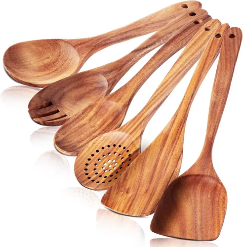 Vista 9 de Paquete de 2 espátulas de madera, espátula de madera de acacia con mango largo, cucharas de madera hechas a mano para cocinar, juego de utensilios