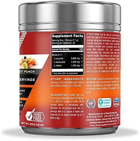Vista 3 de Amazing Muscle BCAA 2:1:1 Suplemento de aminoácidos de cadena ramificada 6,000 mg por porción Sabor a ponche de frutas 30 porciones