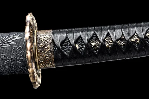Vista 4 de Handmade Japanese Katana Damascus Folded Steel Sharp Blade Dragon Sword Espada de dragón de hoja azul y roja
