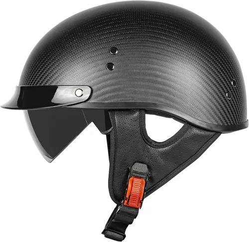 Vista 11 de Medio casco de motocicleta de fibra de carbono para adultos, hombres y mujeres, cascos retro de cara abierta aprobados por DOT con visera, diseño