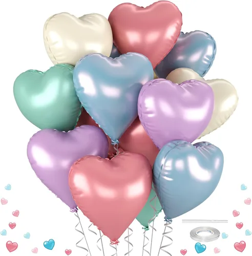 Vista 22 de Globos de corazón morado, 12 globos de aluminio iridiscentes de 18 pulgadas Púrpura iridiscente