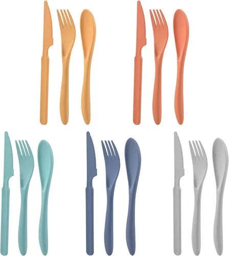 Vista 8 de Juego de tenedores, cucharas y cuchillos, juego de cubiertos de paja de trigo, juego de cubiertos reutilizables para 4, utensilios para fiesta
