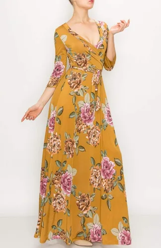 Vista 2 de Vestido largo de fiesta súper elástico para mujer, estampado floral, manga 34, cuello en V