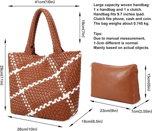 Vista 3 de Bolso de mano tejido de moda para mujer, bolso de compras de cuero vegano suave tejido a mano con bolso