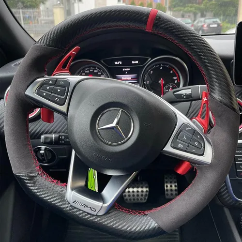 Vista 7 de Cubierta de volante de fibra de carbono mate negro y cuero de ante con costura manual, ajuste envolvente para Mercedes Benz W205/C43 GLA45 GLC43