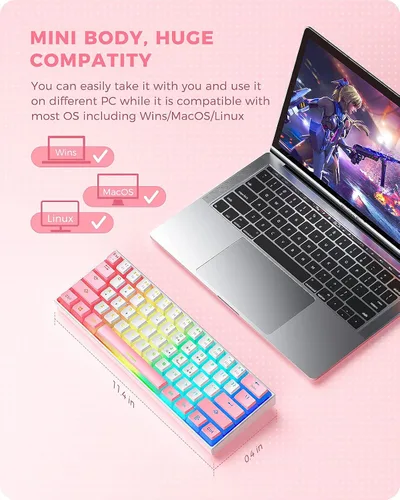 Vista 7 de Seenda Pudding Hacker 61 Teclado mecánico para juegos, mini teclado con cable 60% de dos tonos blanco rosa con retroiluminación RGB personalizable