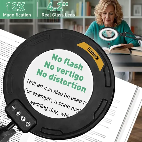 Vista 2 de Lupa 12X con luz con abrazadera, brazo largo extendido de 35.2 pulgadas Overhead Button Magnifier Lamp 4.2in Real Glass, Adjustable