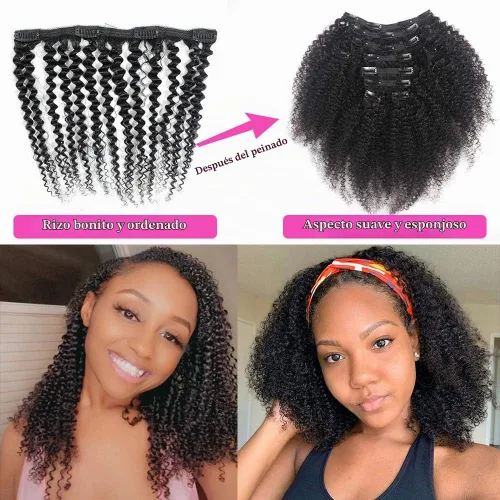 Vista 5 de Extensiones de cabello rizado con clip para mujeres afroamericanas, Urbeauty, Extensiones de cabello rizado con clip para cabello humano para chicas