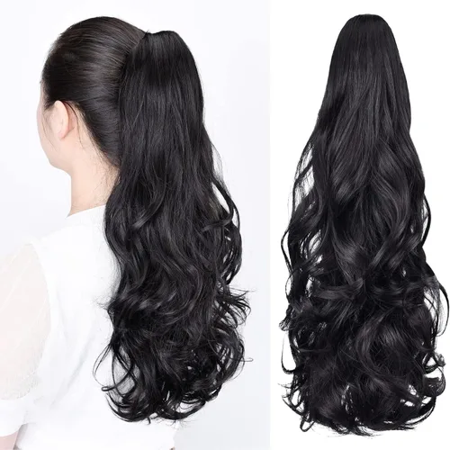 Vista 41 de Extensiones de cola de caballo, extensiones de cabello de cola de caballo con clip de garra marrón oscuro para mujer, pieza de cabello rizado