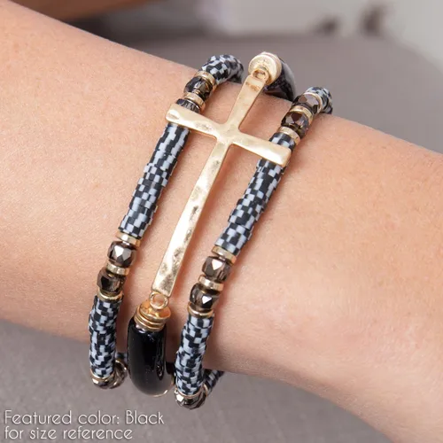 Vista 2 de RIAH FASHION Pulsera elástica con cuentas de barra metálica cruzada, piedra natural religiosa cristiana, semi-preciosa oración