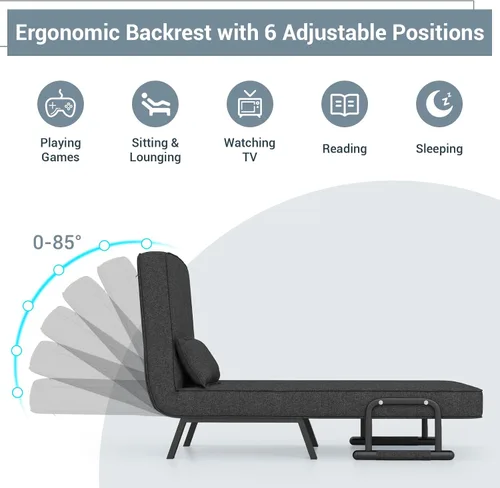 Vista 5 de KOMFOTT Sofá cama convertible 4 en 1 plegable con respaldo ajustable de 6 posiciones, tumbona tapizada con almohada extraíble, sofá reclinable