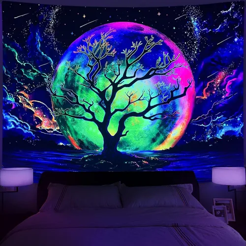 Vista 3 de Faxdong Tapiz de luna con luz negra, reactivo a los rayos UV, árbol lago, colorido estrellado, noche estrellada, galaxia, nubes espaciales, tapiz