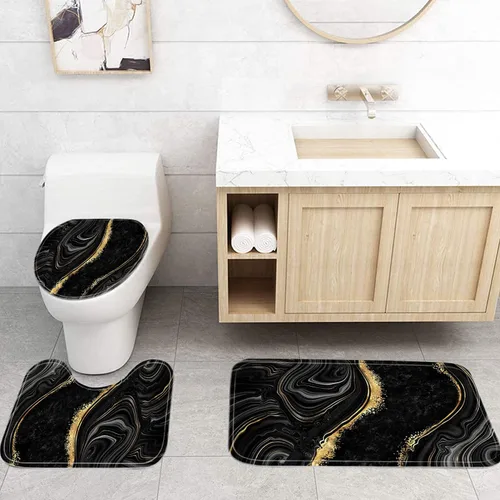 Vista 7 de Nkzply Juego de 4 Piezas de Cortinas de Ducha de Mármol Negro con Alfombras, Juegos de Baño Dorados con Cortina de Ducha y Alfombras, Accesorios