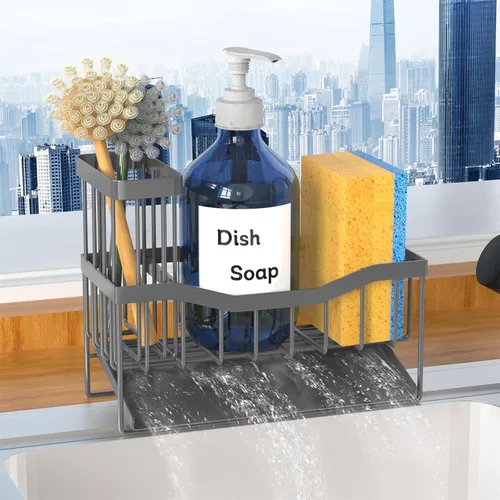 Vista 8 de Fssvcd Maifan Organizador de Fregadero para Cocina con Soporte para Cepillo y Bandeja Autodrenante de Acero Inoxidable, Organizador de Fregadero