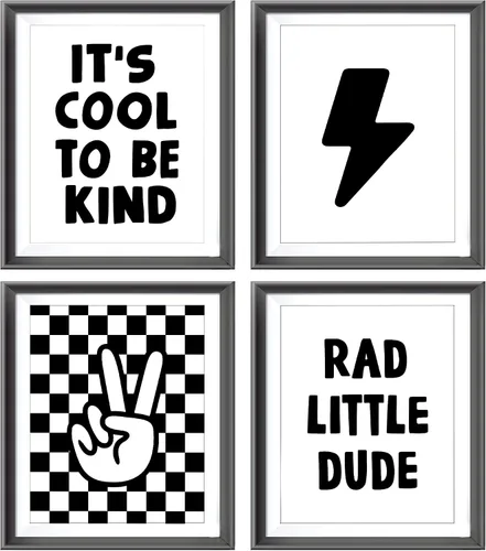 Vista 13 de Cartel de mano retro a cuadros negros y blancos preppy relámpago de la paz para decoración de habitación de niños, decoración divertida de Rad