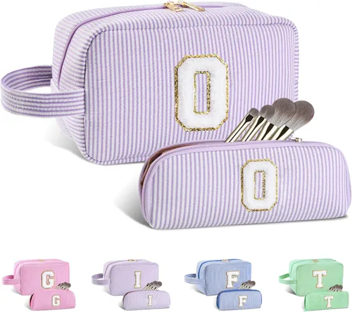 Vista 171 de Bolsa de maquillaje personalizada con inicial A-Z para mujeres, niñas y niños, bolsa de aseo de viaje, bolsa de maquillaje preparada, bolsa