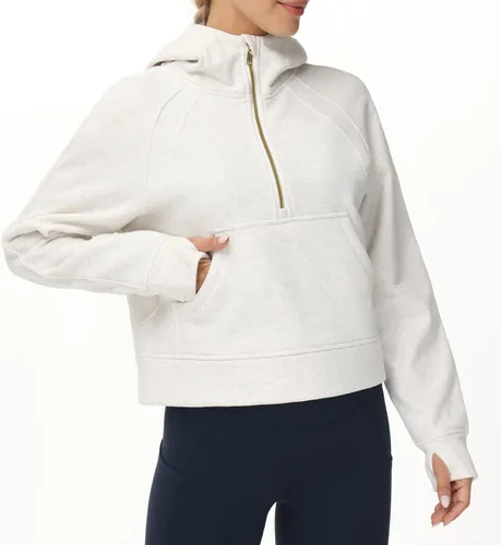 Vista 8 de THE GYM PEOPLE Sudaderas con capucha para mujer, media cremallera, manga larga, forro polar, con bolsillos, agujero para el pulgar