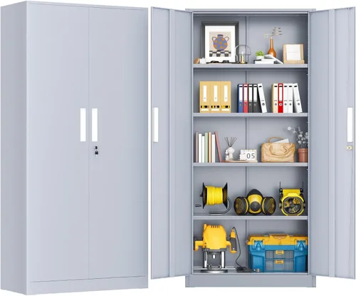 Vista 29 de Greenvelly Armario de almacenamiento de metal con puertas y estantes, armario de almacenamiento con cerradura de 36 pulgadas para oficina, gabinete