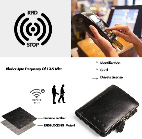 Vista 23 de Billetera para hombre con cremallera de cuero genuino RFID tarjeteros de piel de vaca con cremallera bolsillo para monedas, carteras plegables