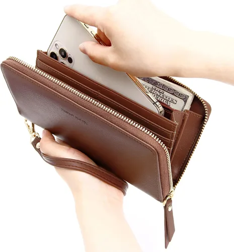 Vista 91 de Badiya Billetera para mujer con bloqueo RFlD de cuero con cremallera alrededor de carteras de gran capacidad