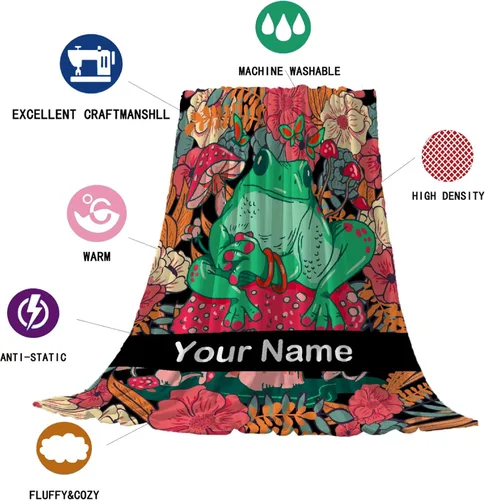 Vista 6 de Anuruddha Manta personalizada con nombre, manta de franela con nombre personalizado de rana floral, esponjosa, acogedora, manta de hongo y rana