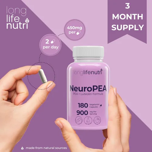 Vista 5 de LongLifeNutri NeuroPEA (Palmitoiletanolamida + luteolina 800 mg/100 mg) - Suplemento orgánico para el rendimiento nervioso, 180 cápsulas