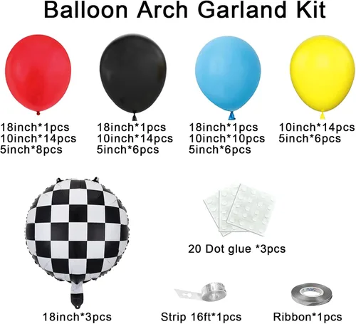 Vista 2 de Kit de guirnalda de arco de globos de auto de carreras, globo de aluminio a cuadros rojo, amarillo, azul, negro, decoración de fiesta de cumpleaños