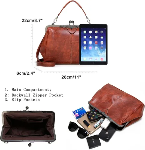 Vista 4 de Bolsos vintage para mujer Kiss Lock para mujer, cuero aceitado, bolso de mano