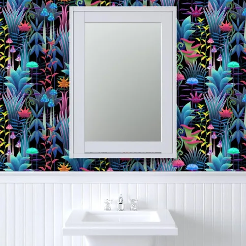 Vista 9 de Muestro de papel tapiz extraíble - Bioluminiscente Selva Floral Árboles Fantástico Helecho Papel pintado personalizado pre-pegado por Spoonflower