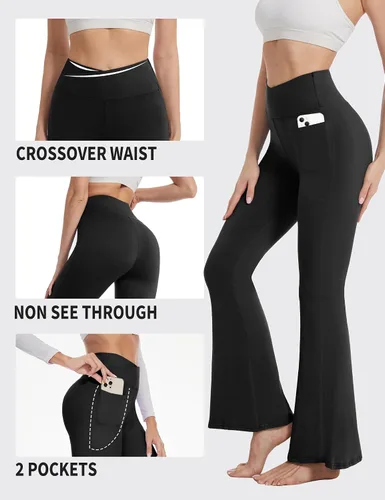 Vista 3 de ZOOSIXX Pantalones de yoga negros acampanados para mujer, leggings cruzados suaves con corte de bota