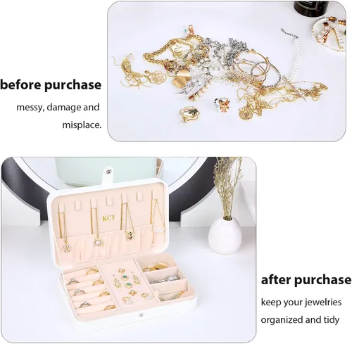 Vista 7 de KCY Joyero para mujeres y niñas, pequeño estuche organizador de joyas de viaje, cajas de almacenamiento de joyas portátiles de piel sintética