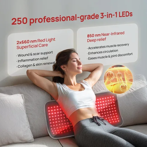 Vista 3 de Terapia de luz roja para cuerpo, 24 x 12 pulgadas, tamaño grande (250 LED), tapete de terapia de luz roja cercana al infrarrojo, 660 nm y 850 nm