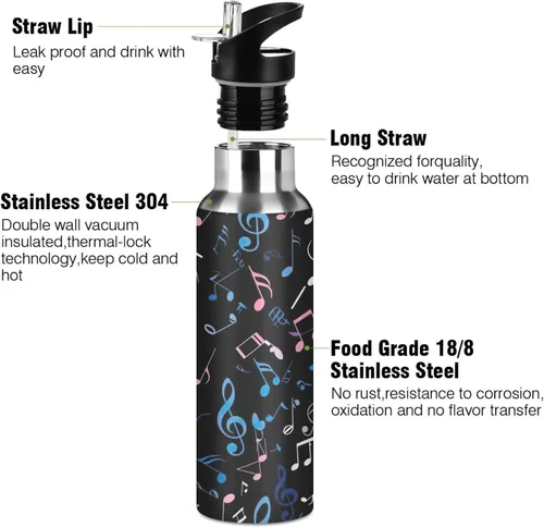 Vista 3 de Colorful Musical Notes Insulated Stainless Steel Water Bottle with Straw 20 Oz Leakproof Water Bottles, BPA-Free Sports Water Bottle with Straw