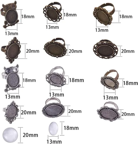 Vista 2 de SUNNYCLUE Juego de 24 piezas de anillos ajustables mixtos, cabujones, kit de fabricación de joyas, ajuste de anillo de dedo, cabujones de cristal