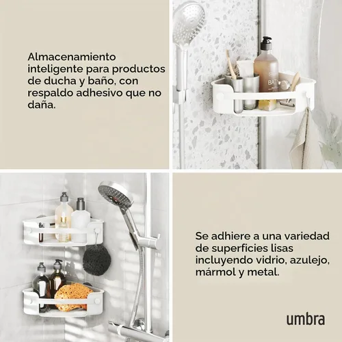 Vista 4 de Umbra Estante de esquina de ducha adhesivo flexible para baño, color blanco
