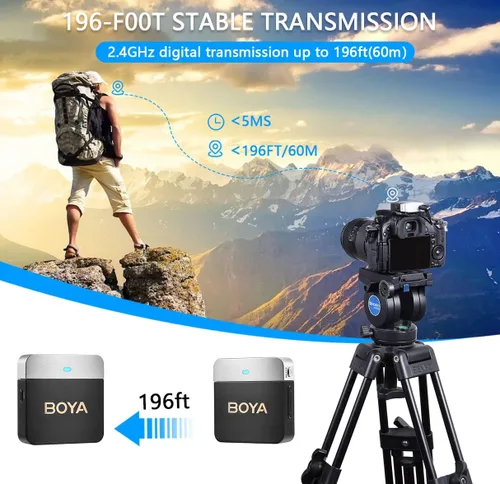 Vista 5 de BOYA Micrófono Lavalier inalámbrico de 2.4 GHz Duan Channel Sistema de micrófono inalámbrico con transmisor y 1 receptor para cámara iPhone