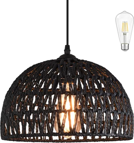 Vista 13 de Ayshwill Dec Lámpara de araña negra tejida estilo boho de ratán y mimbre con cúpula, lámpara colgante para comedor, dormitorio, isla de cocina