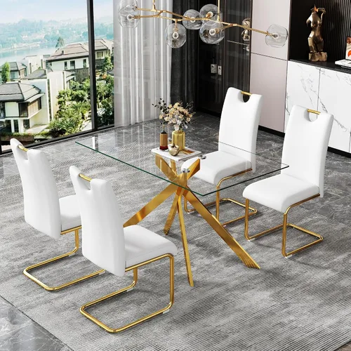 Vista 9 de Mesa de Comedor Moderna de Vidrio Templado Mesa de Cena, Mesa de Cocina Rectangular con Patas de Metal Resistentes, Diseño Minimalista