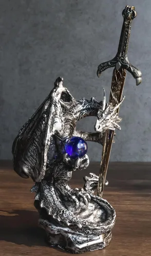 Vista 8 de Ebros Gift Dragón blindado de plata legendario sosteniendo orbe azul y espada draconiana abrecartas escultura escultura decorativa para el hogar