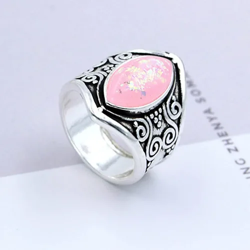 Vista 5 de Anillo ancho de piedra natural para mujer, plata de ley S925, retro, vintage, ópalo auténtico, ágata, ónix, turquesa, piedra pulgar, índice, dedo