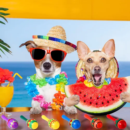 Vista 7 de 12 maracas de madera de colores y 6 sombreros de mini sombrero, recuerdos de fiesta mexicana y suministros para carnavales